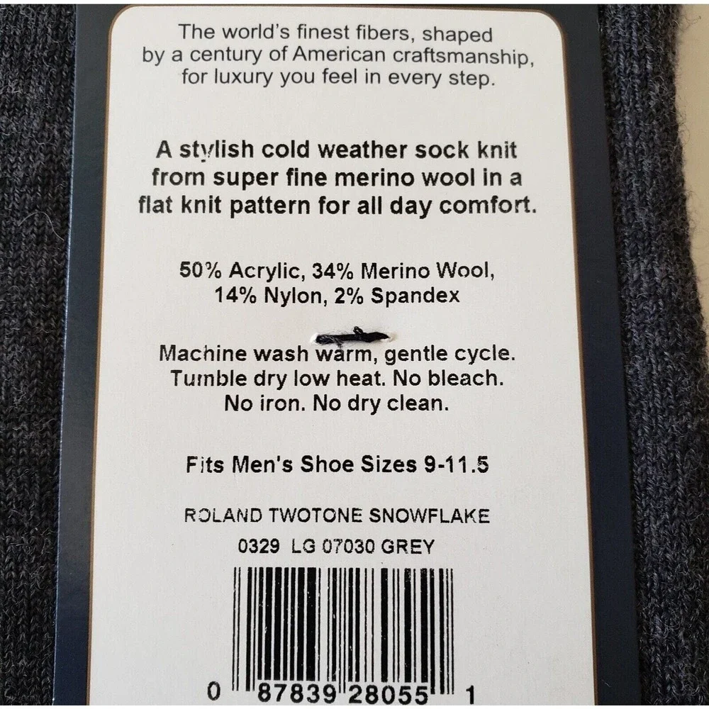 Merino Wool Grey Crew Socks Mens Large Snowflake Alchester Warm Dress Roland NEW